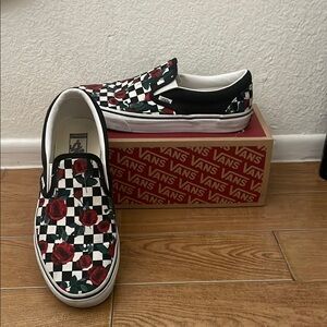 Vans Slip-On Sneakers - Black and Red Rose Checkered